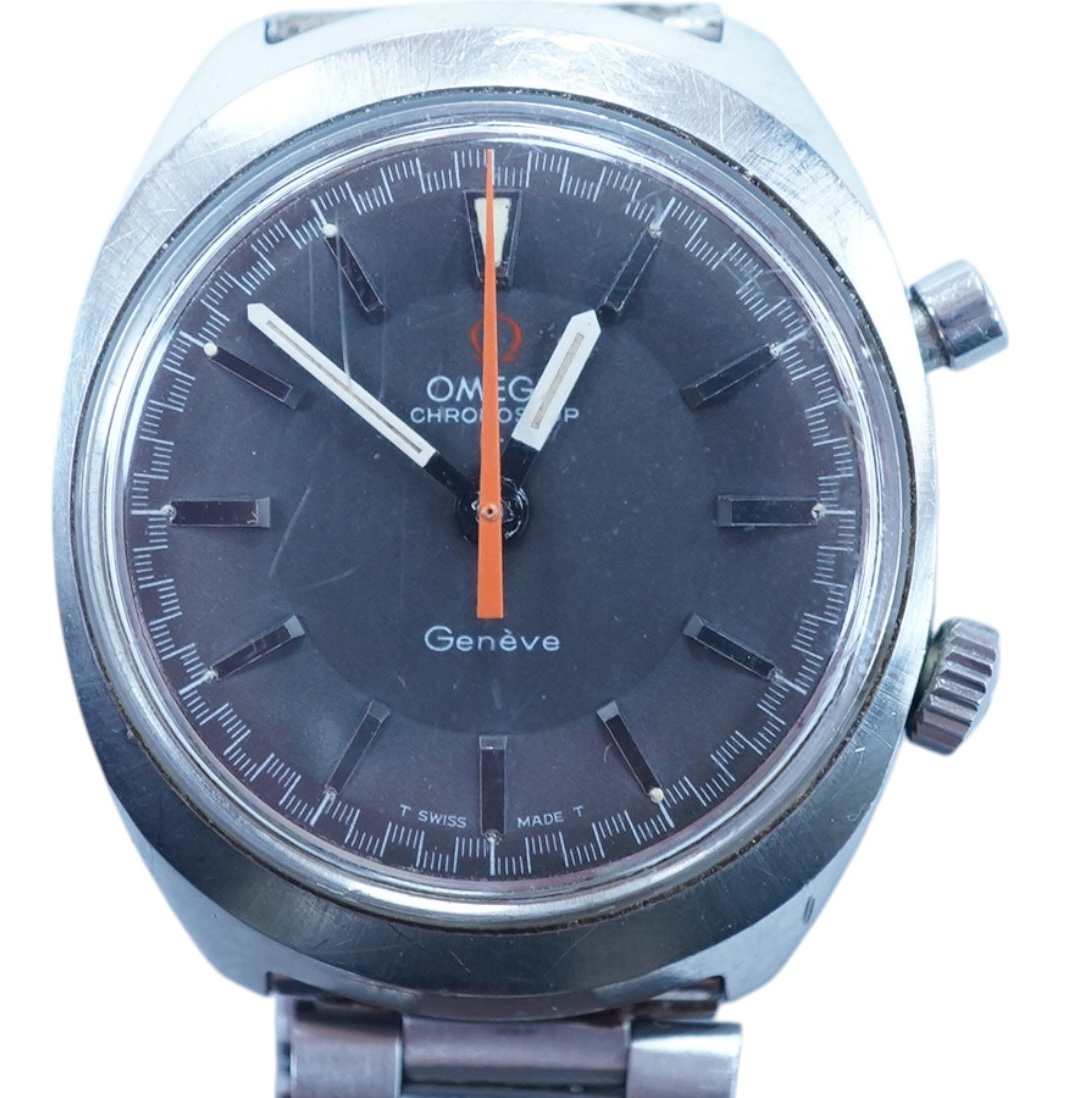 A gentleman's late 1960's? stainless steel Omega Chronostop manual wind wrist watch, with baton numerals, case diameter 33mm, on an associated stainless steel strap. Condition - poor to fair